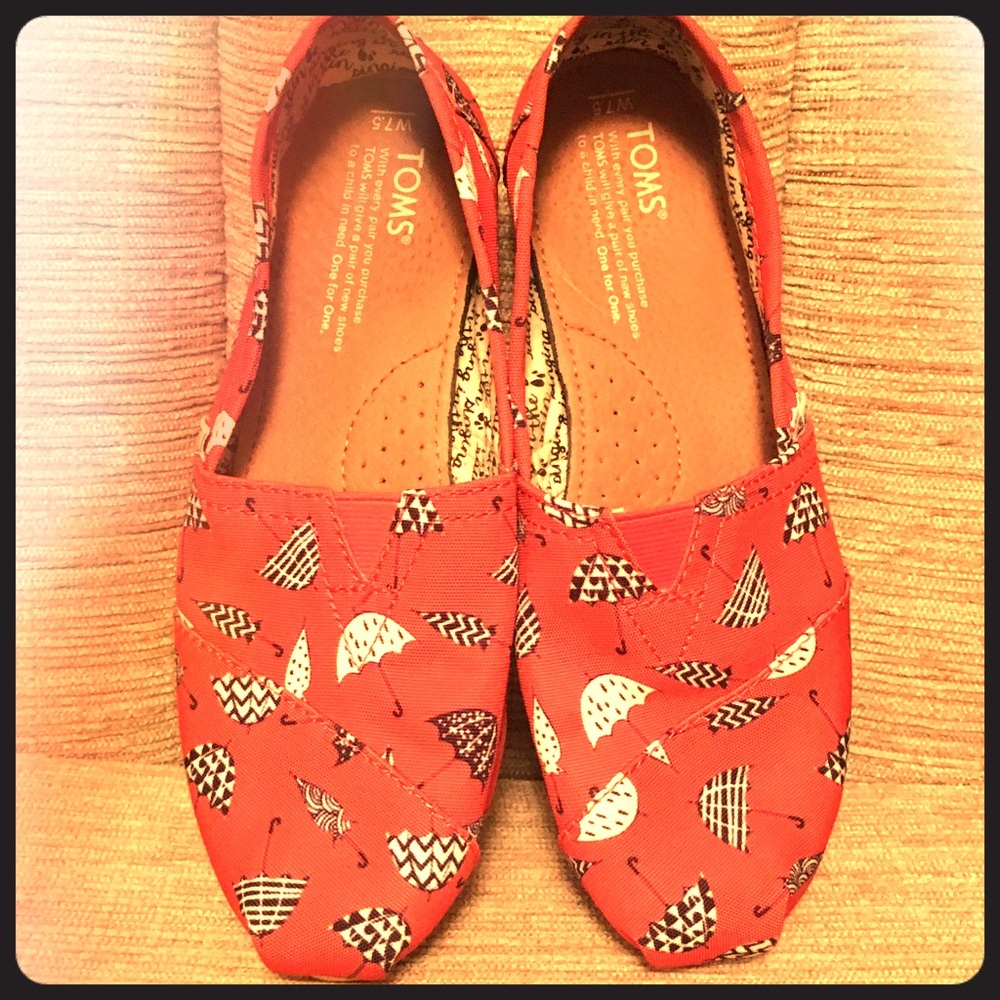 Toms Red Umbrella Print Canvas Flats